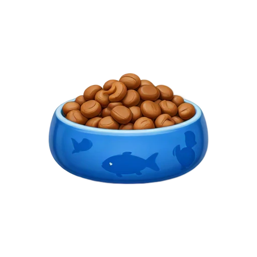 Blue ceramic cat bowl filled with brown kibble pieces