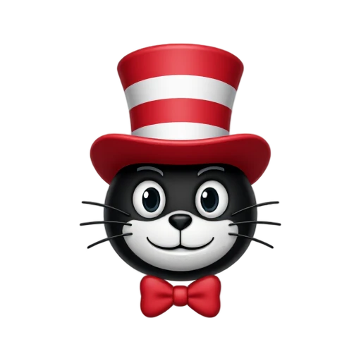 Cat in the Hat head with tall red-and-white striped hat and black cat face with white muzzle