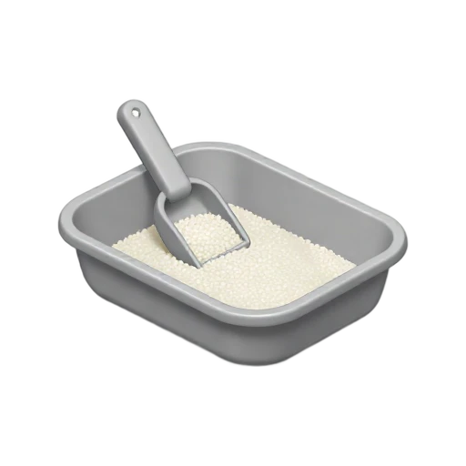 Open gray cat litter tray filled with pale litter granules