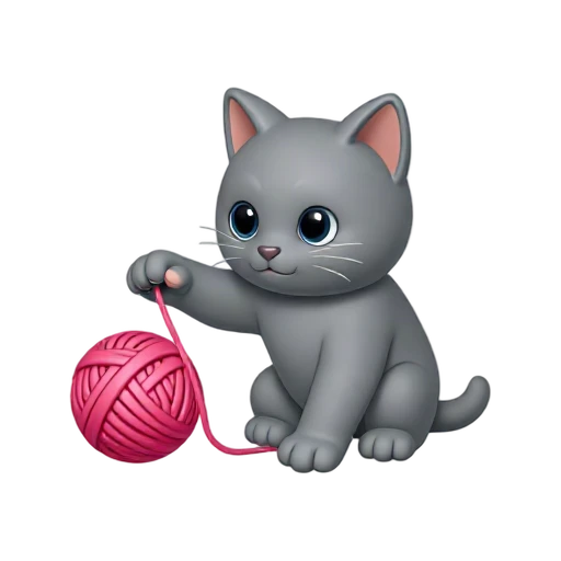 Gray kitten batting a bright pink yarn ball with a loose strand