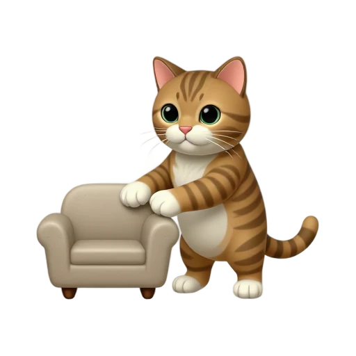 Tabby cat stretching upward and scratching the arm of a small couch