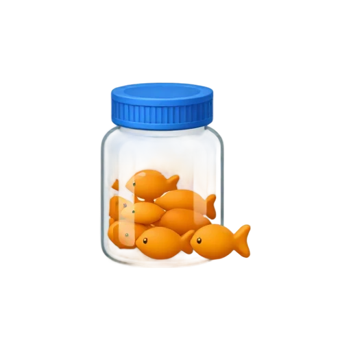 Small glass jar of fish-shaped orange cat treats