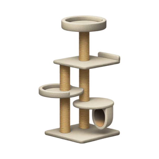 Freestanding cat tree with carpeted platforms, cubby, and sisal posts