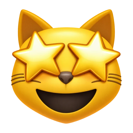 Golden cat face with two star-shaped eyes, triangular ears, whiskers, and an open smile