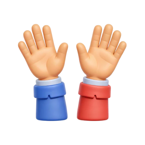 Two human hands raised upward in a joyful celebration pose, palms open, sleeves in bright blue and coral, exactly ten fingers with correct anatomy, no arms beyond forearms, text, shadow, or scenery.