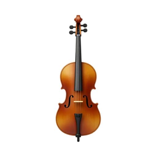 Cello with tall amber-brown curved body and four strings over bridge