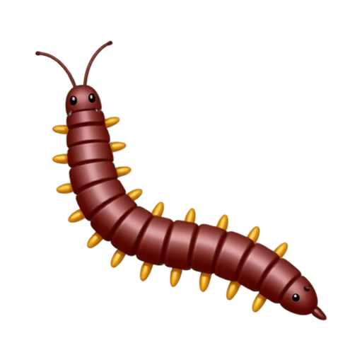 One centipede with a long flattened segmented body in glossy reddish brown, many paired legs projecting evenly along both sides, two slender head antennae and a tapered rear end