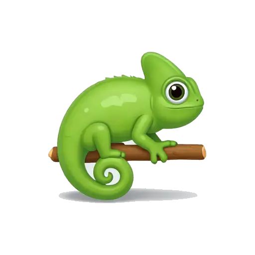One green chameleon perched on a short branch, curled tail, large round eye, tiny toes, and clear lizard body, no background.