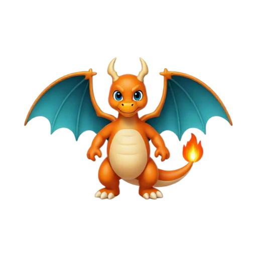 Orange dragon creature with blue wings and flame-tail emoji