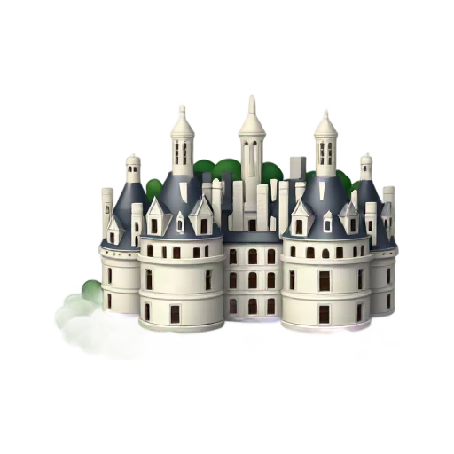 grand white French castle and dense forest of roof towers, depicting Château de Chambord.