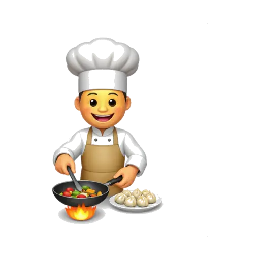 Chef stirring a hot pan beside a plate of dumplings
