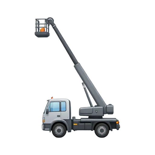 Cherry Picker with raised telescoping boom and small empty worker basket at tip