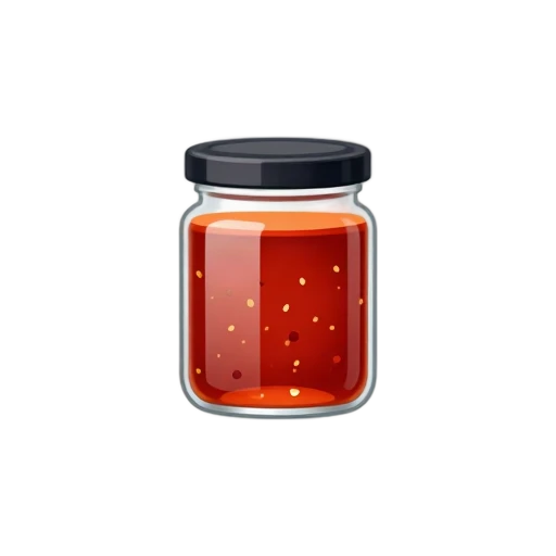Clear jar filled with red chili oil, flakes, and pale seeds
