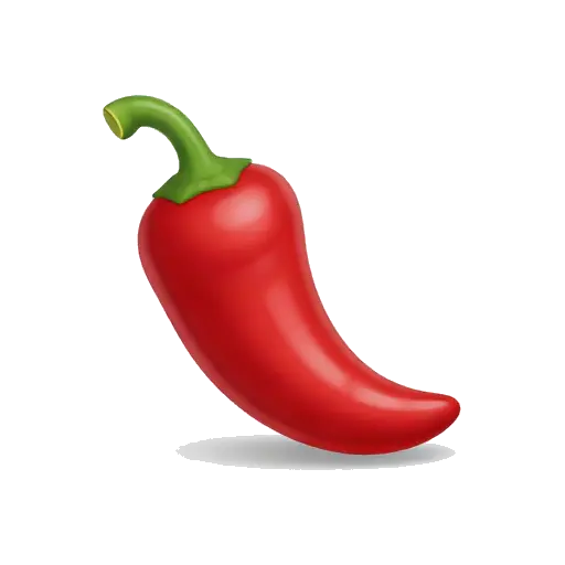 One glossy red chili pepper with a curved tapered body, green stem, and simple clean silhouette, no background.