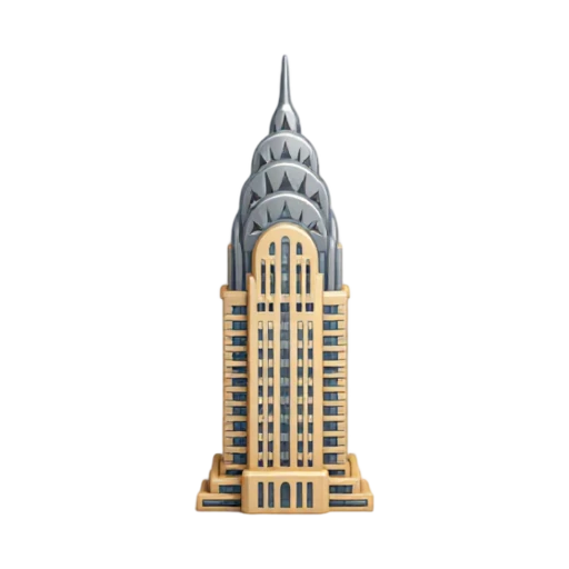 silver terraced crown and triangular windows, depicting Chrysler Building.