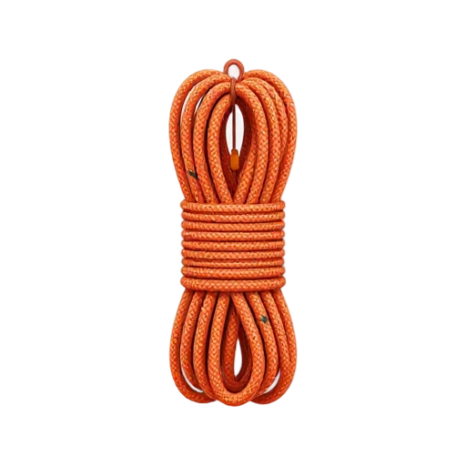 Climbing Rope with thick orange braided rope coil and short looped end