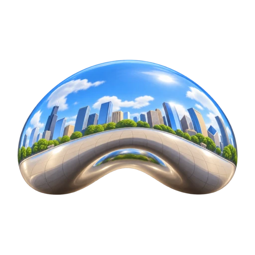 reflective silver bean and curved underside, depicting Cloud Gate.