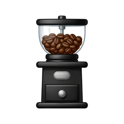 One compact black coffee grinder with a clear hopper full of brown coffee beans, simple silver button, no brand, counter, shadow, or scenery.