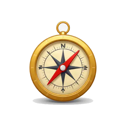 Round brass compass with red needle