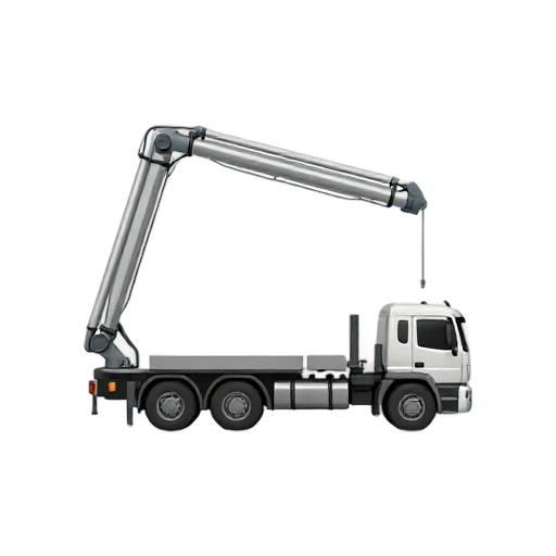 Concrete Pump Truck with long folded articulated boom and four stabilizing outriggers