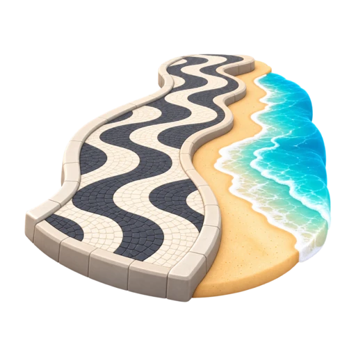 black-and-white wave-pattern pavement and curving beachfront promenade, depicting Copacabana Promenade.