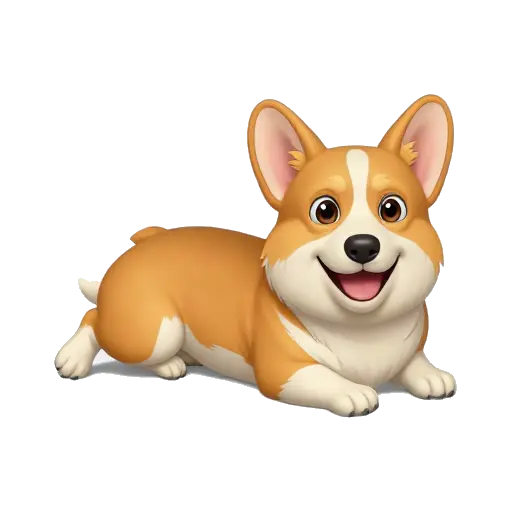 Happy corgi lying flat with hind legs stretched behind
