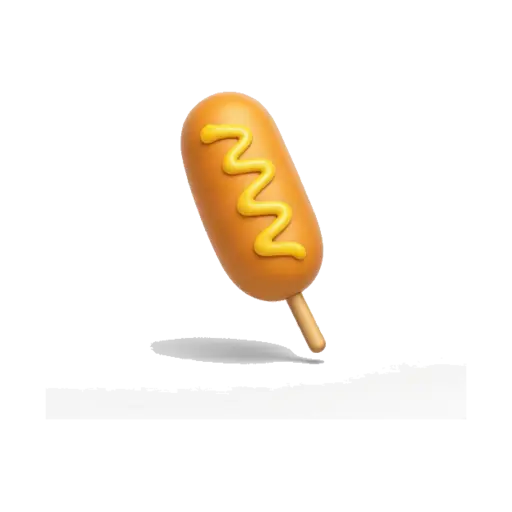 One golden corn dog on a wooden stick with a neat zigzag of yellow mustard, no ketchup, plate, or background.