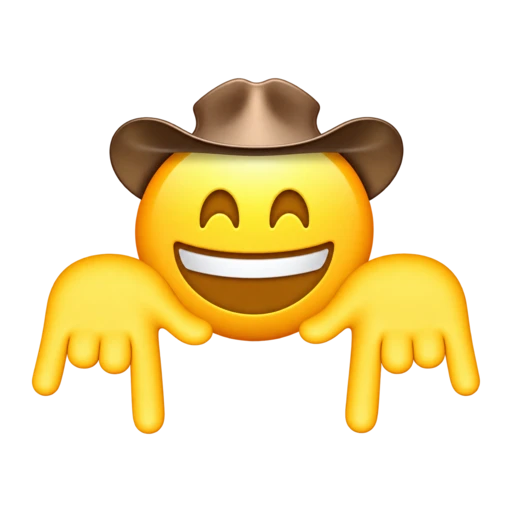 A grinning yellow cowboy face wearing a brown hat and making downward horns gestures with both hands.