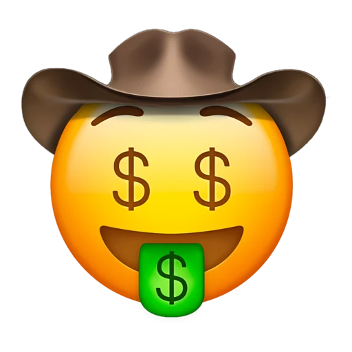 Cowboy with Dollar Sign Eyes on a transparent background with a brown cowboy hat.