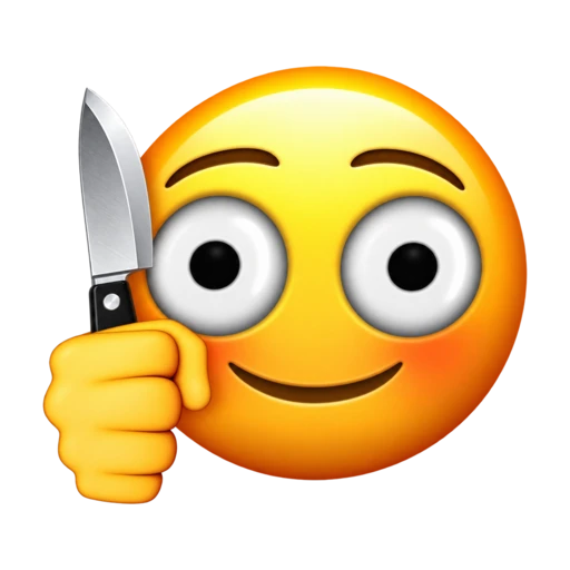 Creepy wide-eyed smiling yellow face holding a kitchen knife