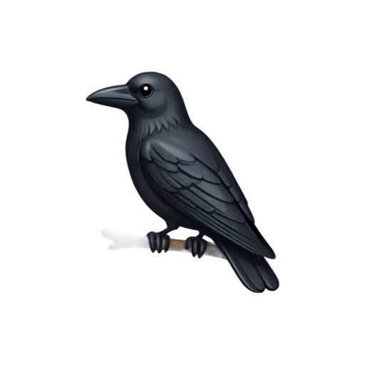 One glossy black crow perched on a short plain branch, folded wings, no leaves, shadow, or scenery.