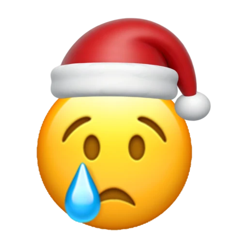 Crying emoji face wearing a red Santa hat on a transparent background.