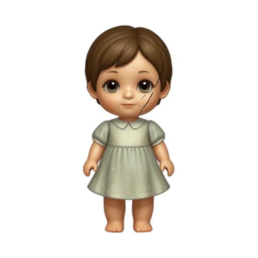 Cursed porcelain doll with cracked face and faded dress