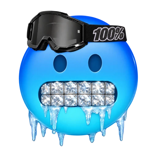 Blue frozen face with black goggles, glittering icy teeth and hanging icicles