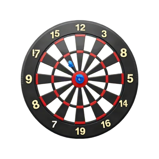 Dartboard with alternating black and cream numbered wedges and red central bullseye