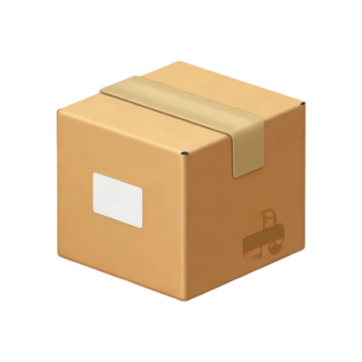 One small brown cardboard shipping box in front three-quarter view, sealed with a single strip of tan packing tape, tiny blank white shipping label, no readable text, hand, truck, shadow, or scenery.