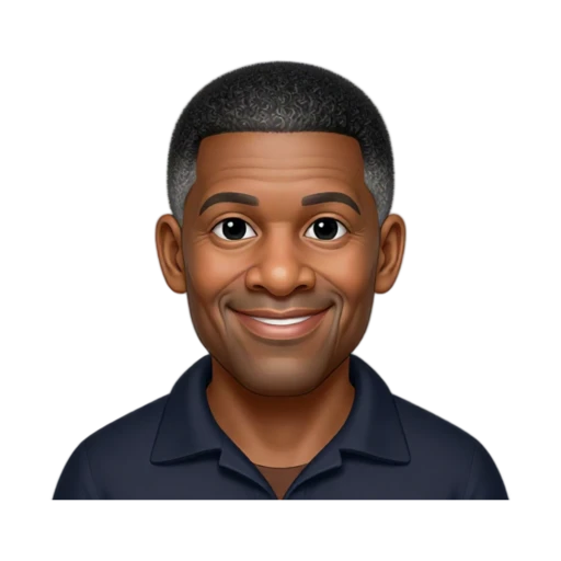 Denzel Washington, with his arms relaxed out of frame, wearing a dark navy collared shirt