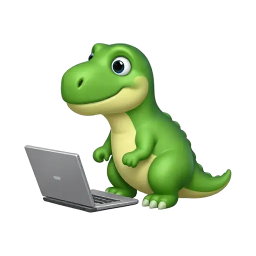 Green dinosaur using a laptop