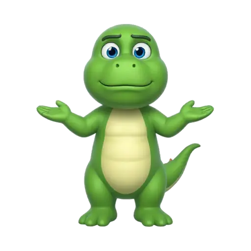 Green dinosaur holding both palms up in a shrug
