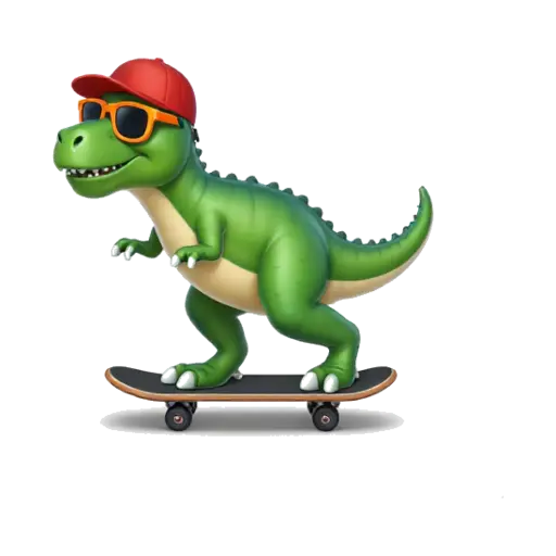 Green Tyrannosaurus rex skateboarding with sunglasses and a backward cap