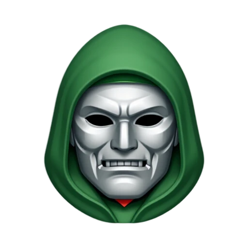 Doctor Doom head with angular silver metal face mask and deep green hood