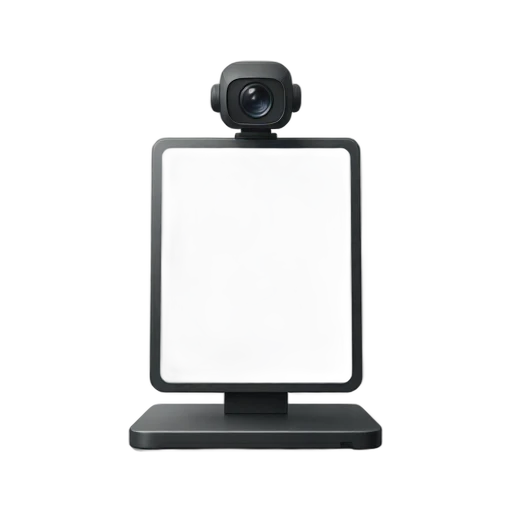 Document camera with upright arm and camera head over a blank sheet