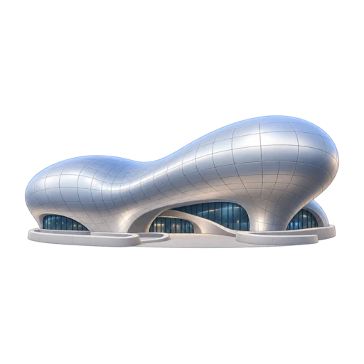 silver flowing building and curved roof panels, depicting Dongdaemun Design Plaza.