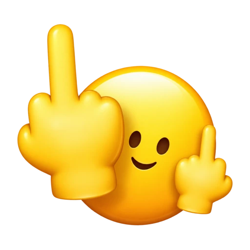 Smiling yellow face raising two middle fingers with one large foreground hand