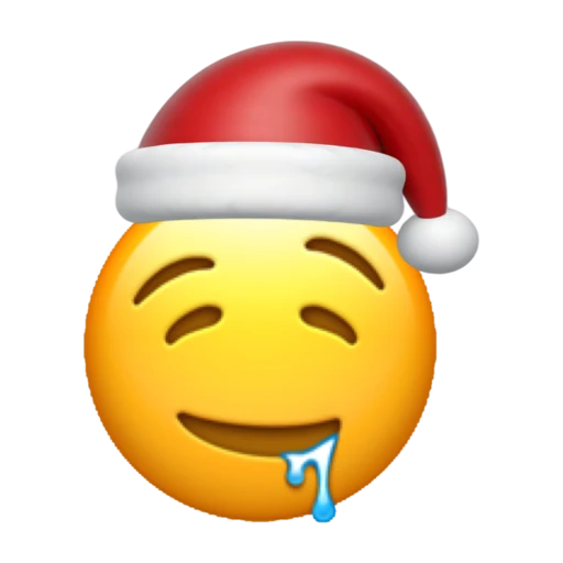 Drooling emoji face wearing a red Santa hat on a transparent background.
