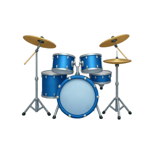 One compact blue drum kit with bass drum, two toms, one snare, two cymbals, no sticks, shadow, or scenery.