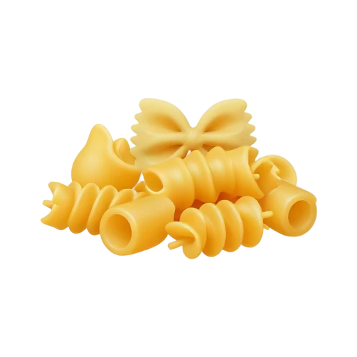 Uncooked fusilli, farfalle, and penne pasta pieces