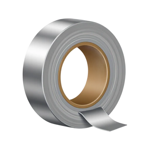 Silver duct tape roll with hollow cardboard core and peeled end