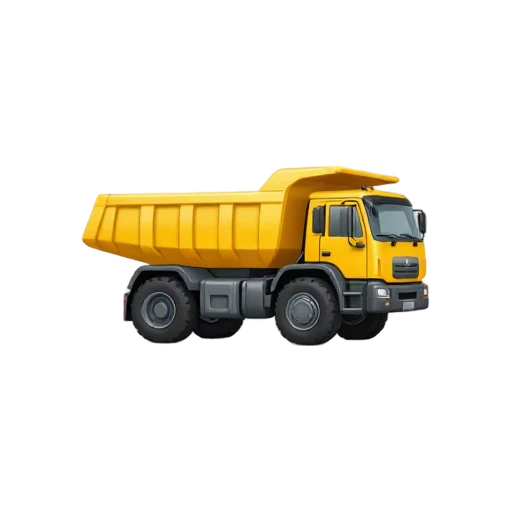 Dump Truck with raised open cargo bed and rear hinge and hydraulic lift