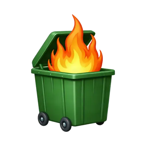 Green dumpster with orange flames rising from inside